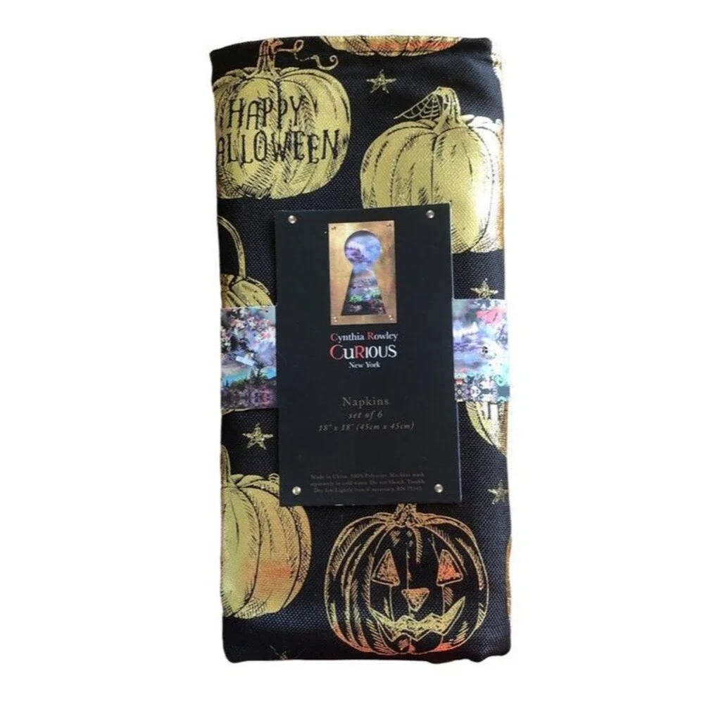 Cynthia Rowley Black Halloween Napkins Set of 6 Fabric Gold Metallic Pumpkins